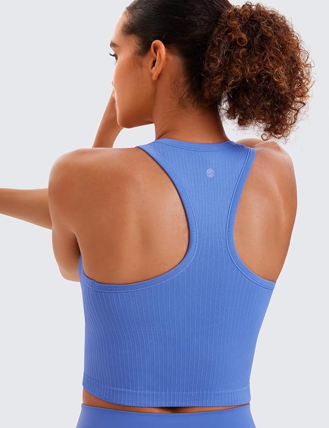 CRZ YOGA Seamless Ribbed High Neck Crop Tank Tops for Women - Longline Racerback Padded Sports Bras