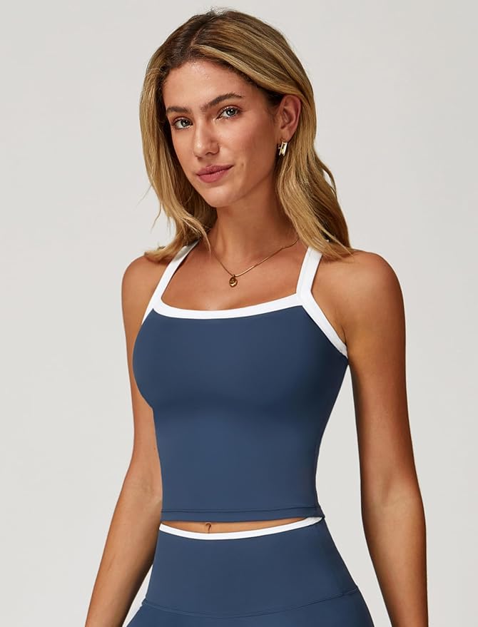 QBGJTD Womens Longline Sports Bras Cross Back Active Gym Yoga Padded Workout Crop Tank Top with Built in Bra