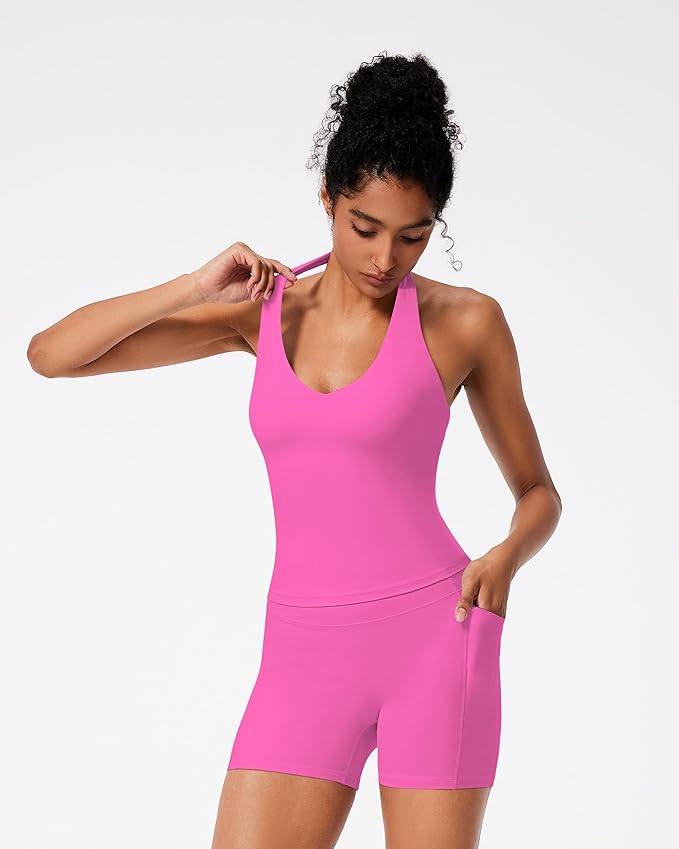 RXRXCOCO Halter Workout Sets for Women 2 Piece V Neck Tank Tops Hidden Scrunch Booty Shorts Gym Outfits with Pockets