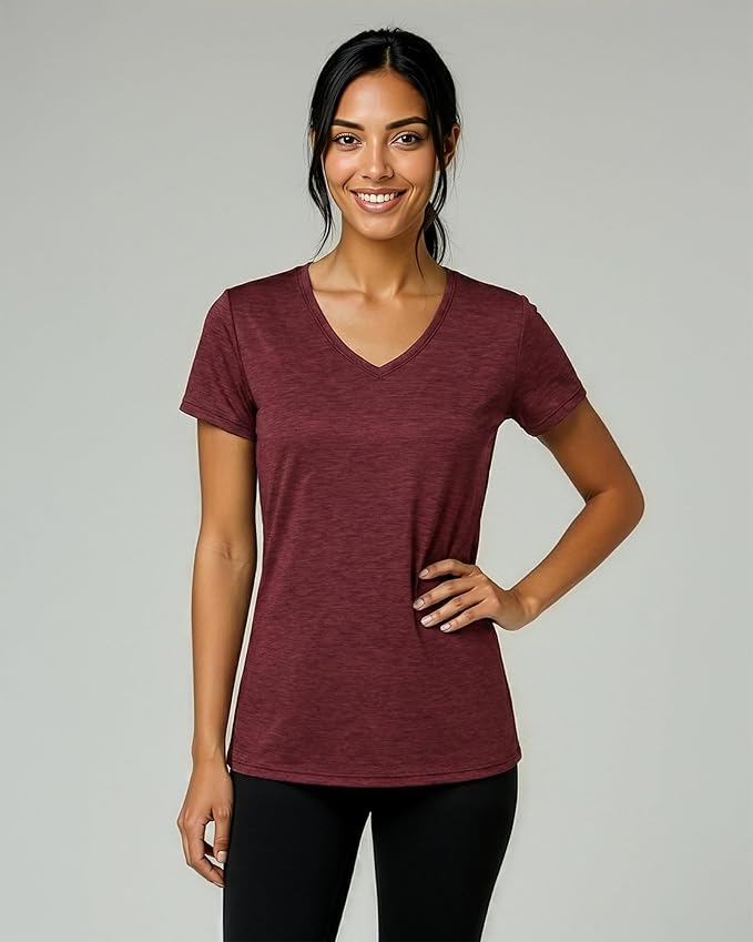 Real Essentials 5 Pack: Women's Dry-Fit Short Sleeve V Neck T Shirt Workout Fitness Yoga Top Tee (Available in Plus Size)