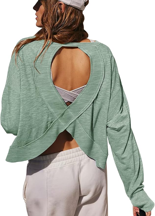 LASLULU Womens Open Back Long Sleeve Workout Tops Athletic Shirts Boat Neck Casual Running Tee Y2k Yoga Gym Tops