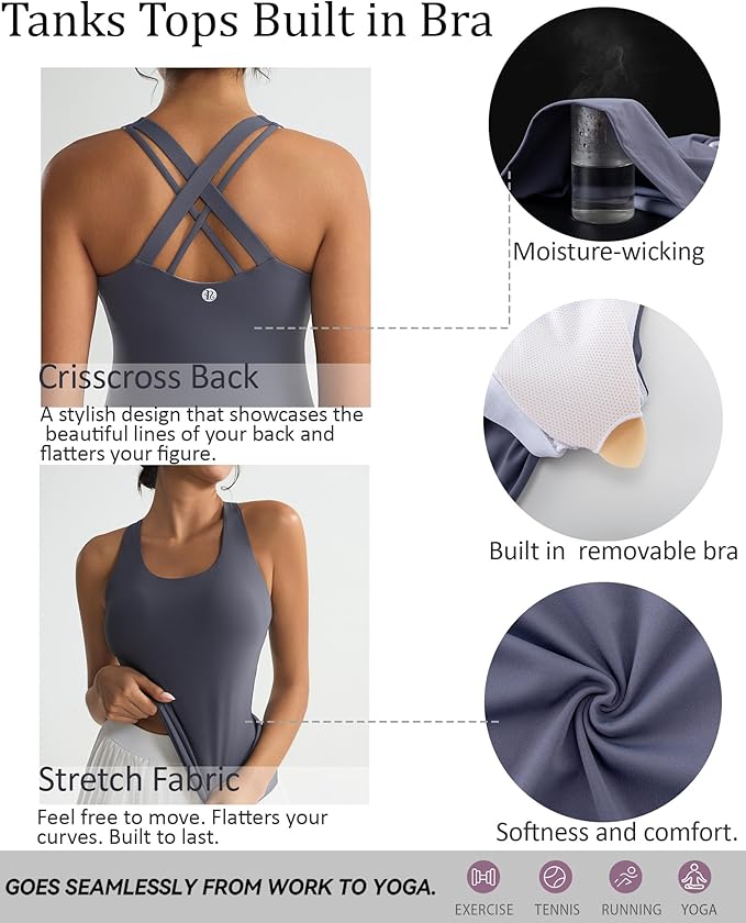 RUNNING GIRL Tank top with Built in Bra for Women,Compression Shirts Crisscross Back Workout Yoga Tops