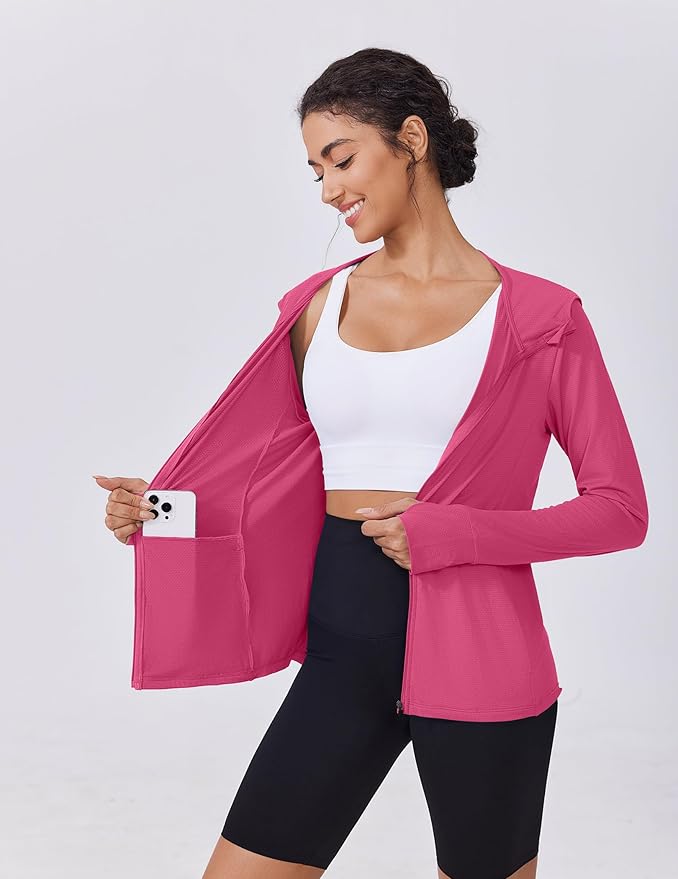 PINSPARK Women's UPF 50+ Sun Protection Hoodie Jacket Lightweight Full Zip Athletic Jacket Long Sleeve Shirt with Pockets