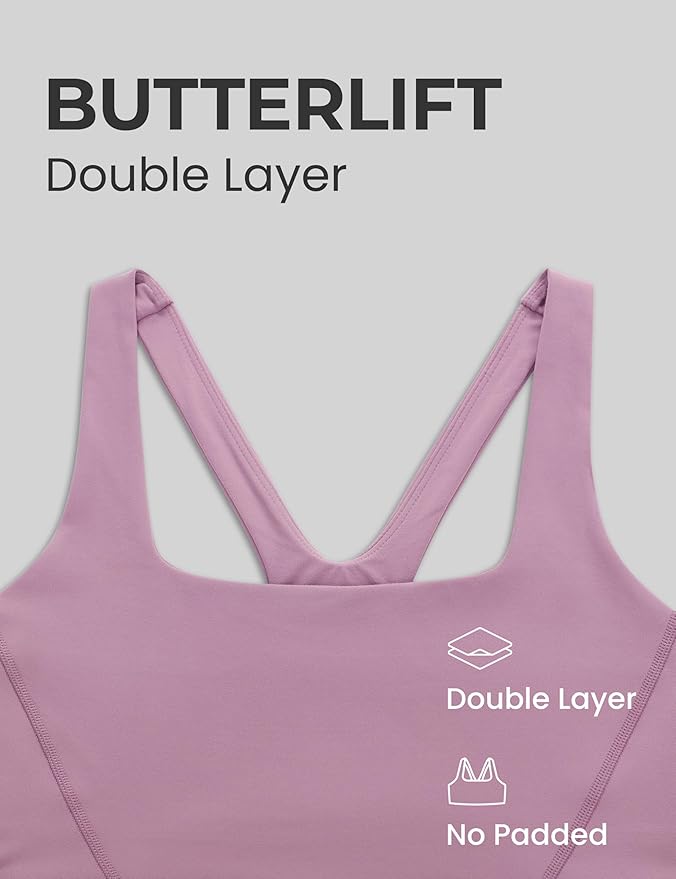 CRZ YOGA Butterlift Double Lined Square Neck Sports Bras for Women - Wireless V-Shaped Racerback Workout Yoga Top Non Padded