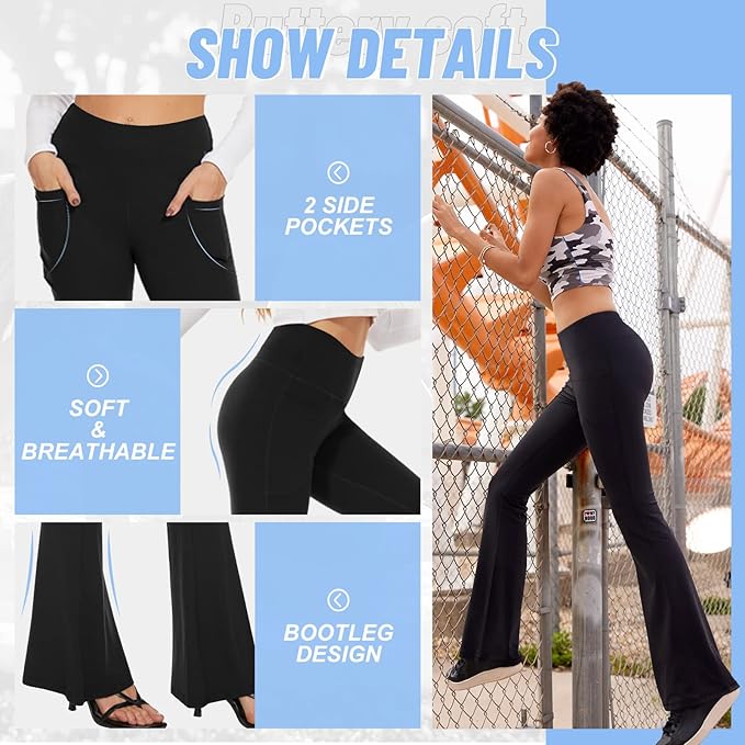 TNNZEET Black Flare Leggings for Women, Crossover Yoga Pants with Pockets Bootcut Flared Leggings