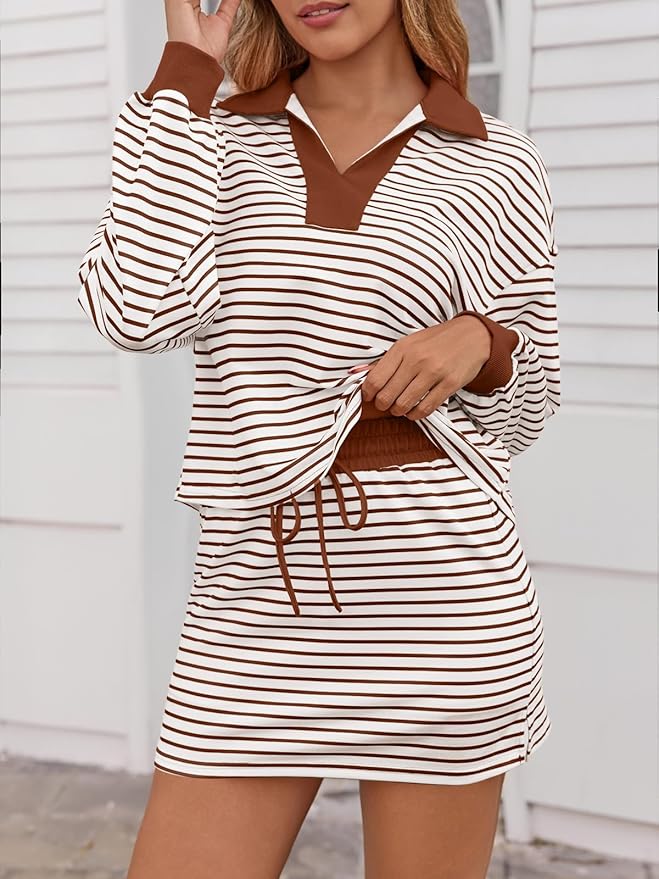 Fisoew Womens Striped 2 Piece Outfits Casual Sweatshirt Skirt Set Long Sleeve Skort Workout Set Matching Lounge Sets