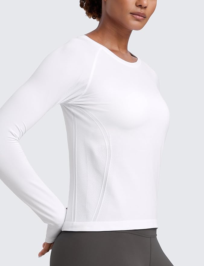 CRZ YOGA Seamless Long Sleeve Shirts for Women Waist Length - Workout Athletic Running Gym Yoga Tops Crewneck Breathable