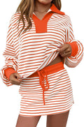 Fisoew Womens Striped 2 Piece Outfits Casual Sweatshirt Skirt Set Long Sleeve Skort Workout Set Matching Lounge Sets