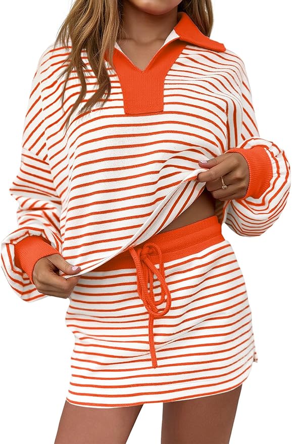 Fisoew Womens Striped 2 Piece Outfits Casual Sweatshirt Skirt Set Long Sleeve Skort Workout Set Matching Lounge Sets