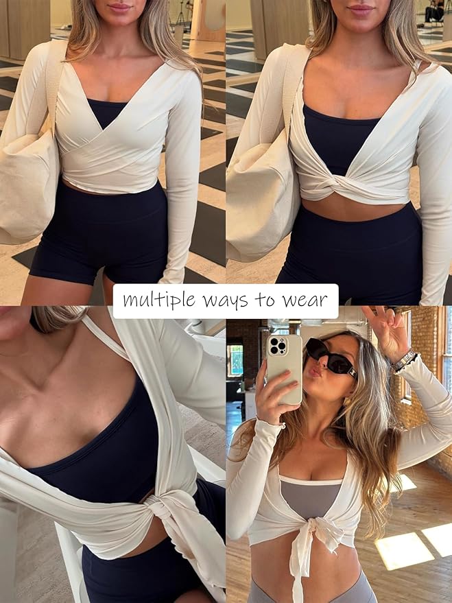 LASLULU Womens Tie Front Wrap Tops Long Sleeve Bolero Shrugs Crop Cardigan Yoga Ballet Cover up Tops Pilates Outfits