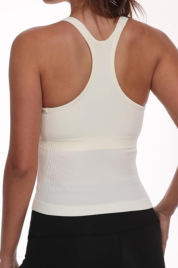 YIOIOIO Women Ribbed Workout Crop Tops with Built in Bra Seamless Yoga Racerback Tank Top Tight Fit