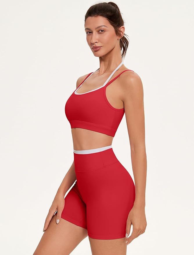 OMKAGI Workout Sets for Women Cute Doubel Layer Open Back Sports Bras Gym Shorts Outfits
