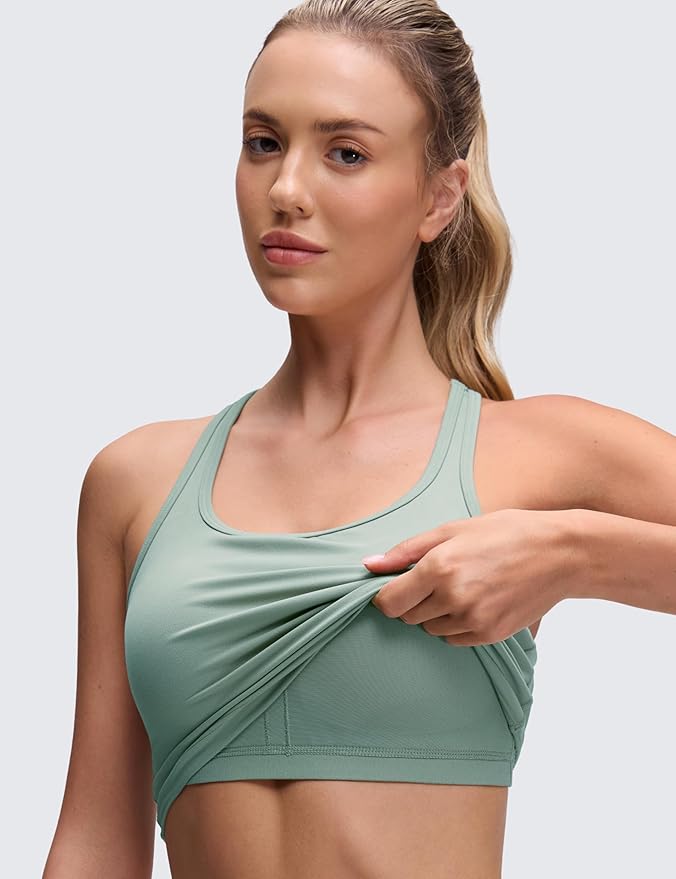 CRZ YOGA Butterluxe Racerback Crop Tank Tops for Women - Padded Y-Back Longline Sports Bras Scoop Neck Workout Yoga
