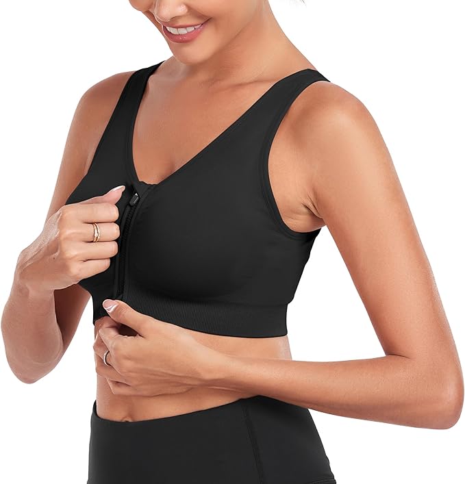 Women's Zip Front Sports Bra Wireless Post-Surgery Bra Active Yoga Sports Bras
