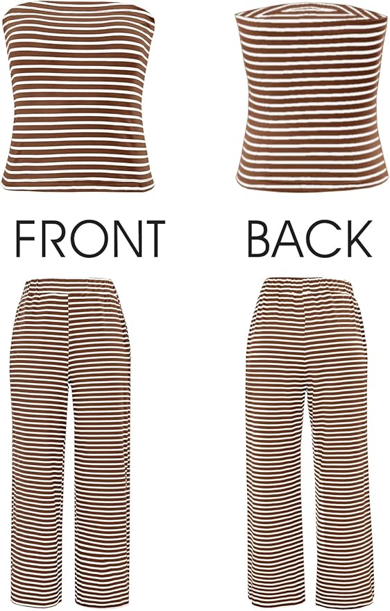 Tankaneo Womens Striped 2 Piece Sets Summer Strapless Crop Tube Tops Wide Leg Pants Matching Lounge Set Vacation Outfits