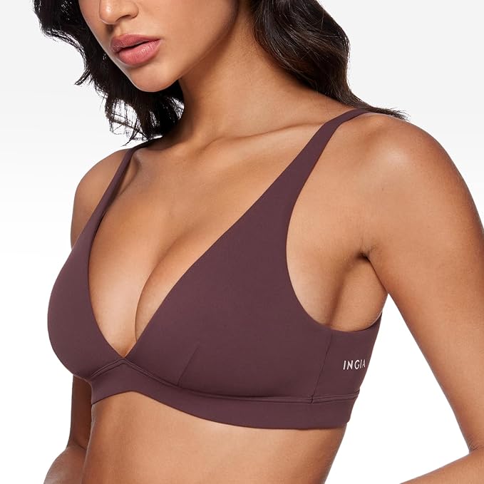 INGIA Womens Deep V-Neck Sports Bra Padded Low Impact Fitness Yoga Bra U Back Wireless Workout Bra Contour Crop Top