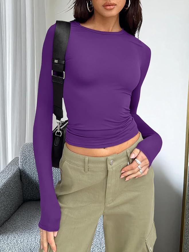 Trendy Queen Womens Long Sleeve T Shirts Fall Fashion 2026 Basic Crop Tops Going Out Outfits Y2k Clothes