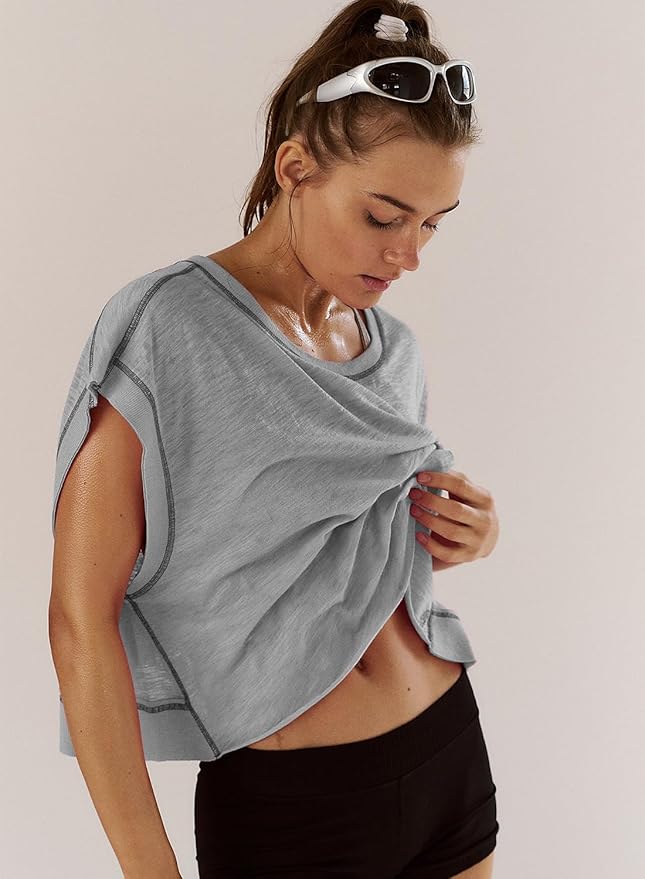 Kumufenc Women Short Sleeve Workout Shirts Open Back Tops Casual Yoga Y2k Athletic Gym Slouchy Crop Running Tees