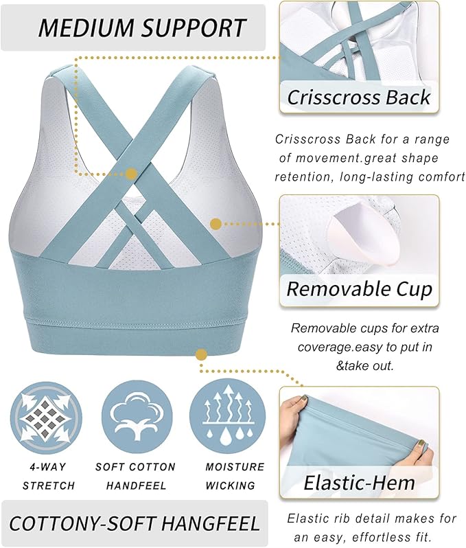 RUNNING GIRL Sports Bras for Women,Padded Strappy Sports Bras Criss-Cross Back Medium Support Sports Bras with Removable Cups
