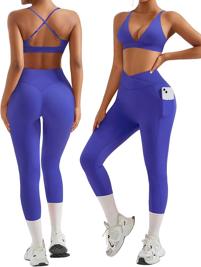 RXRXCOCO 2 Piece Workout Sets for Women Strappy Sports Bra Booty Leggings with Pockets Yoga Gym Outfits