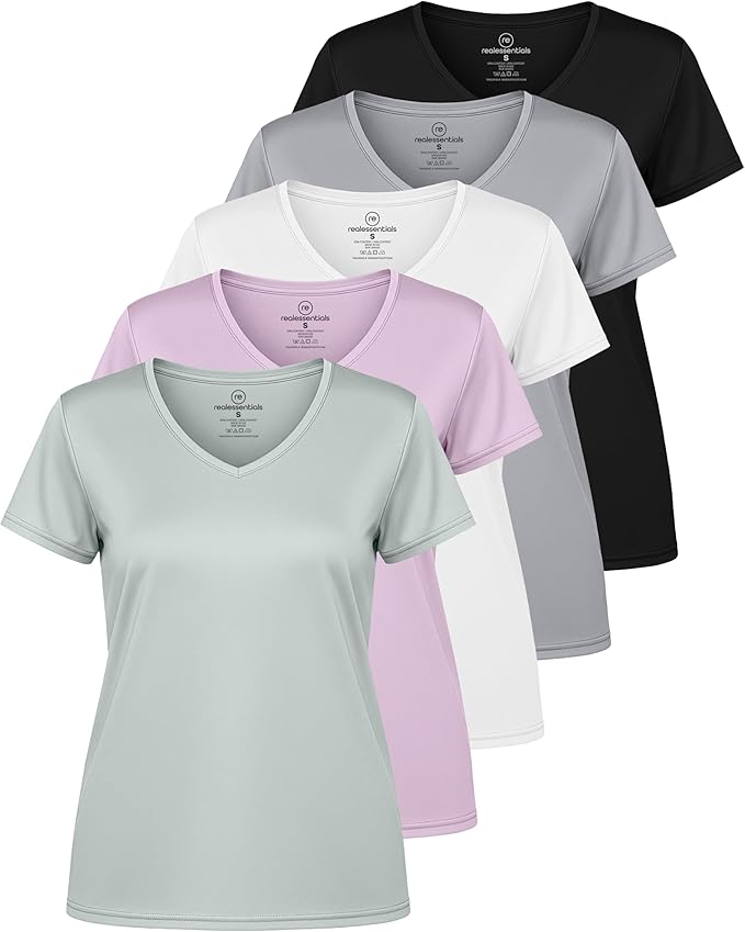 Real Essentials 5 Pack: Women's Dry-Fit Short Sleeve V Neck T Shirt Workout Fitness Yoga Top Tee (Available in Plus Size)
