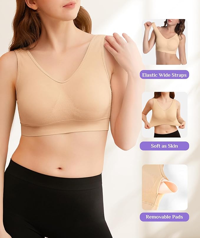 YADIFEN Womens Sports Bras, 3/4/6 Pack Wireless Comfortable Seamless Sleep Yoga Sports Bras for Women with Removable Pads