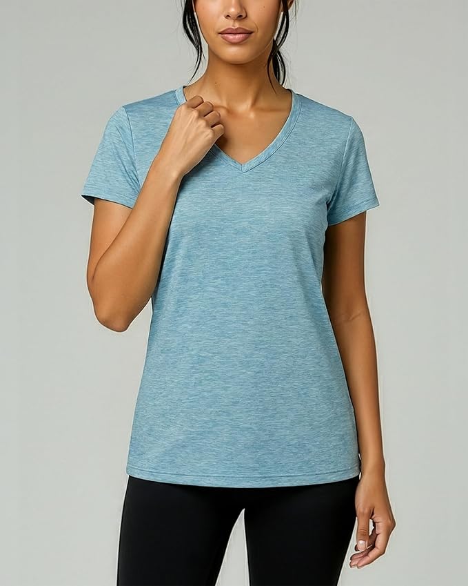 Real Essentials 5 Pack: Women's Dry-Fit Short Sleeve V Neck T Shirt Workout Fitness Yoga Top Tee (Available in Plus Size)