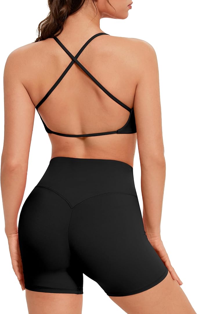 OMKAGI Workout Sets for Women Open Back Strappy Sports Bra Booty Biker Shorts Gym Outfits