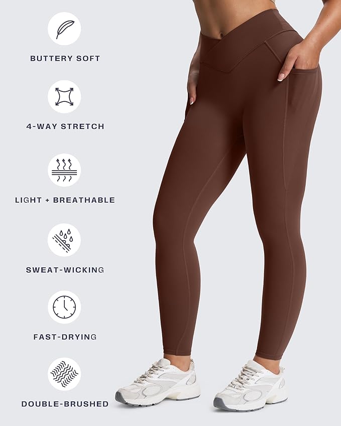 Aoxjox Women's Trinity High Waisted Yoga Pants with Pockets Cross-Waist Tummy Control Buttery Soft Workout Leggings 26"