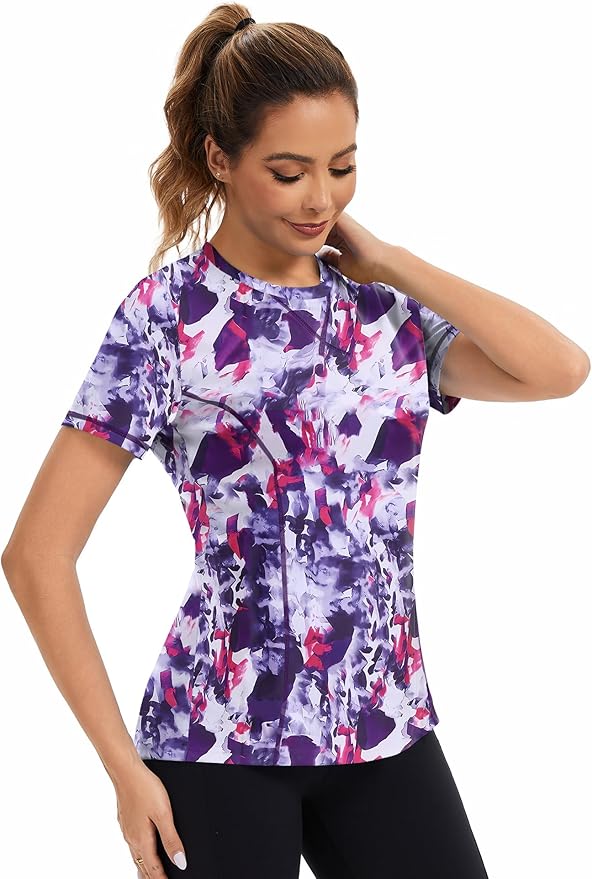 AVOOGUE Women's Short Sleeve Workout Tops Quick Dry Athletic UPF50+ Sun Protection Shirts Gym Hiking Running Yoga Clothes