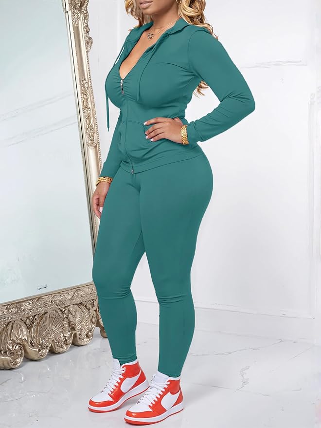 Women Two Piece Outfits Workout Sets Bodycon Legging Jacket Tracksuit Zip Up Hoodie Jogger Matching Sweat Pants Set