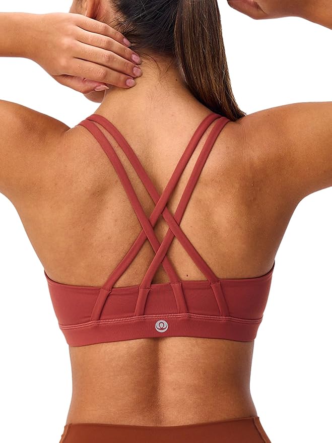 Women's Strappy Sports Bras Light Compression Crop Criss Cross Back Padded Workout Yoga Bra Supportive U Neckline