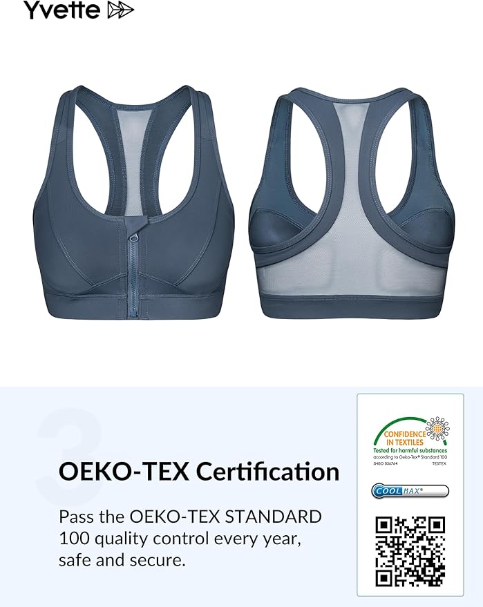 Yvette Zip Front Sports Bra - High Impact Sports Bras for Women Plus Size Workout Fitness Running