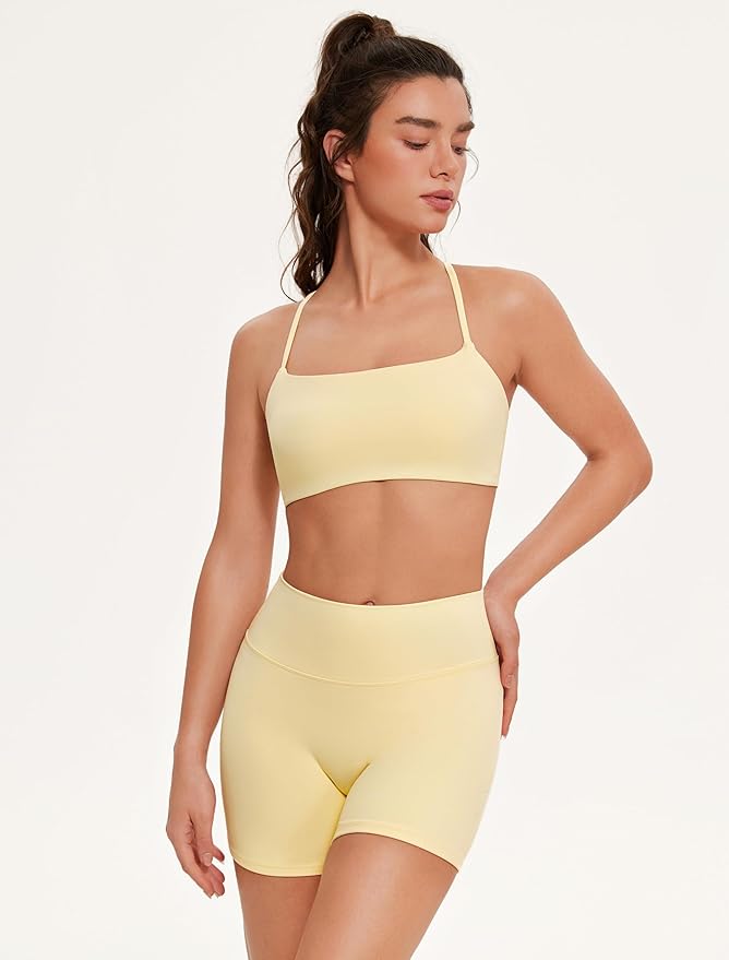OMKAGI Workout Sets for Women Open Back Strappy Sports Bra Booty Biker Shorts Gym Outfits
