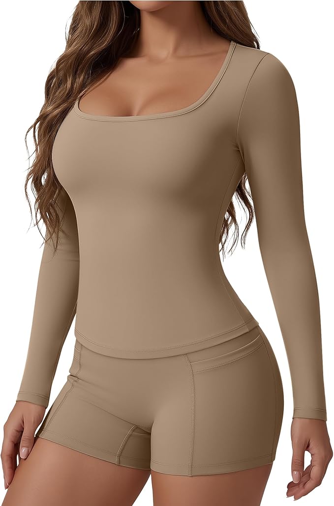 Women Workout Sets 2 Piece Yoga Square Neck Long Sleeve Top Athletic Seamless Short Pockets Sport Gym Run Outfits
