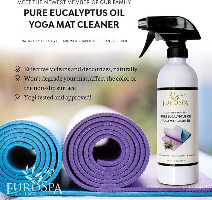 EuroSpa Aromatics Lavender Infused Pure Eucalyptus Oil Yoga Mat Cleaner & Deodorizer, Plant-Derived- Premium Aromatherapeutic & Relaxing Essential Oil Spray - 2oz