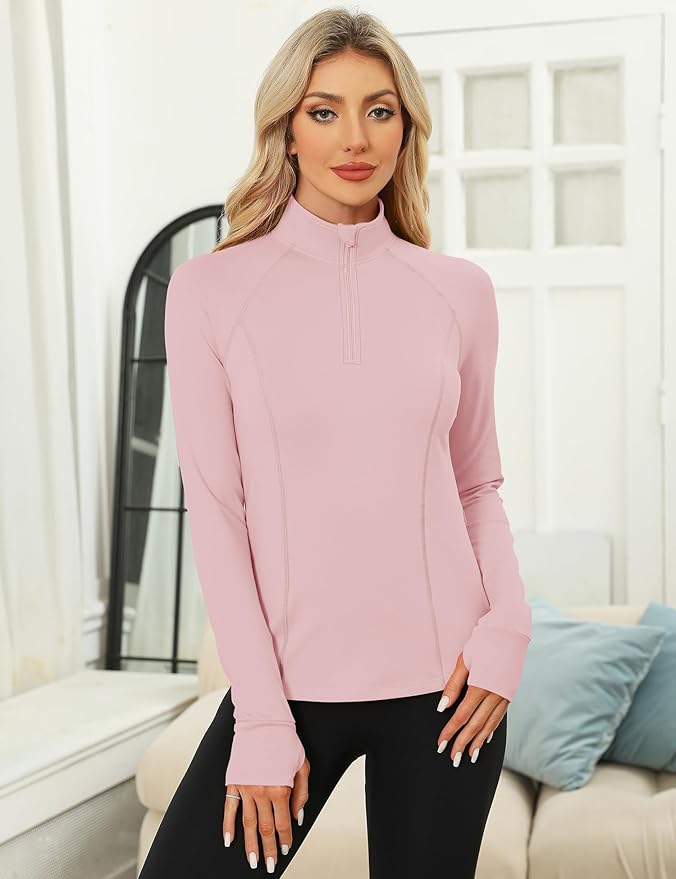 LOMON Women's Long Sleeve Athletic Tops Quarter Zip Workout Shirts Turtle Neck Fall Compression Shirt with Thumb Hole