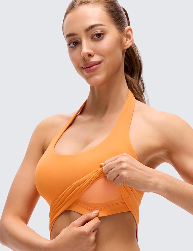 CRZ YOGA Butterluxe Halter Crop Tank Tops for Women - Open Back Padded Longline Sports Bras Workout Gym