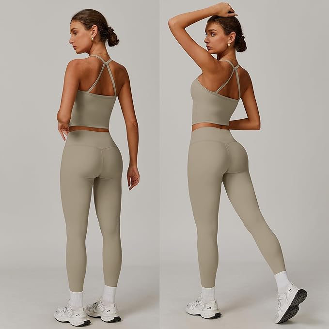Women 2 Piece Workout Sets (NEW) Yoga Outfit Open Back Tank Top High Waisted Leggings Gym Sets Tracksuits