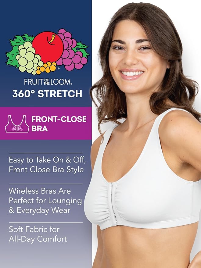 Fruit of the Loom Women's 96014PK Comfort Cotton Blend Front Close Sports Bra 2 Pack
