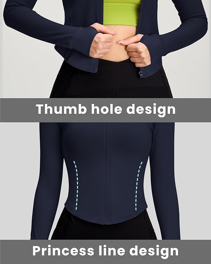 Women BBL Jacket Full Zip UP Workout Athletic Cropped Jacket wIth Thumb Holes Running Yoga Sportswear