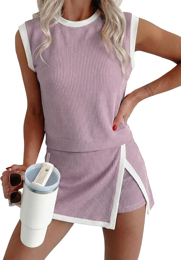 EVALESS 2 Piece Sets for Women Summer Outfits Ribbed Knit Tank Top and Split Lined Skirt Two Pieces Lounge Matching Set