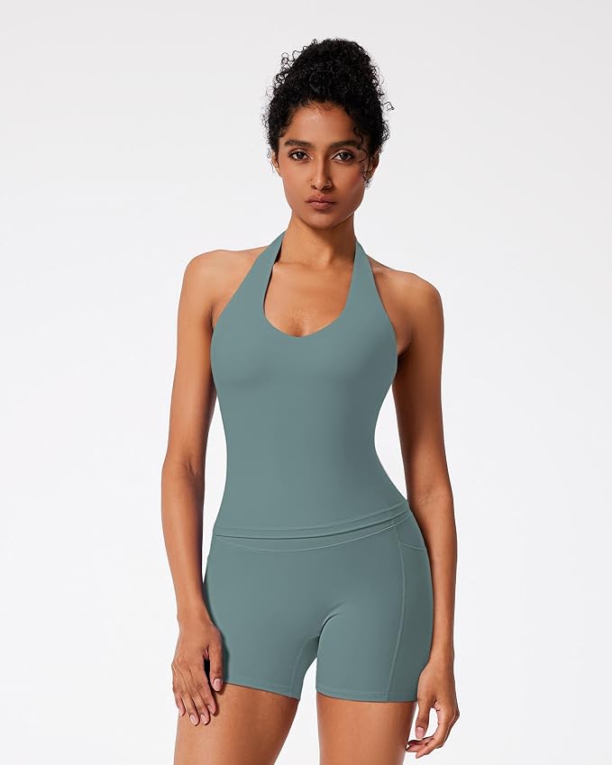 RXRXCOCO Halter Workout Sets for Women 2 Piece V Neck Tank Tops Hidden Scrunch Booty Shorts Gym Outfits with Pockets