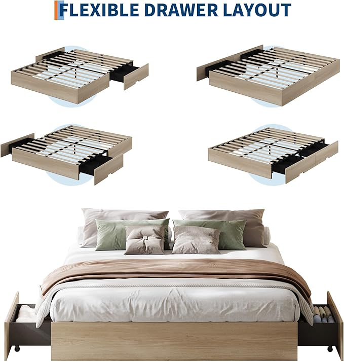GarveeHome Full Size Wood Platform Bed Frame with 2 Storage Drawers, Wooden Bed Frame Without Headboard, Wood Slat Support, No Box Spring Needed, Easy Assembly