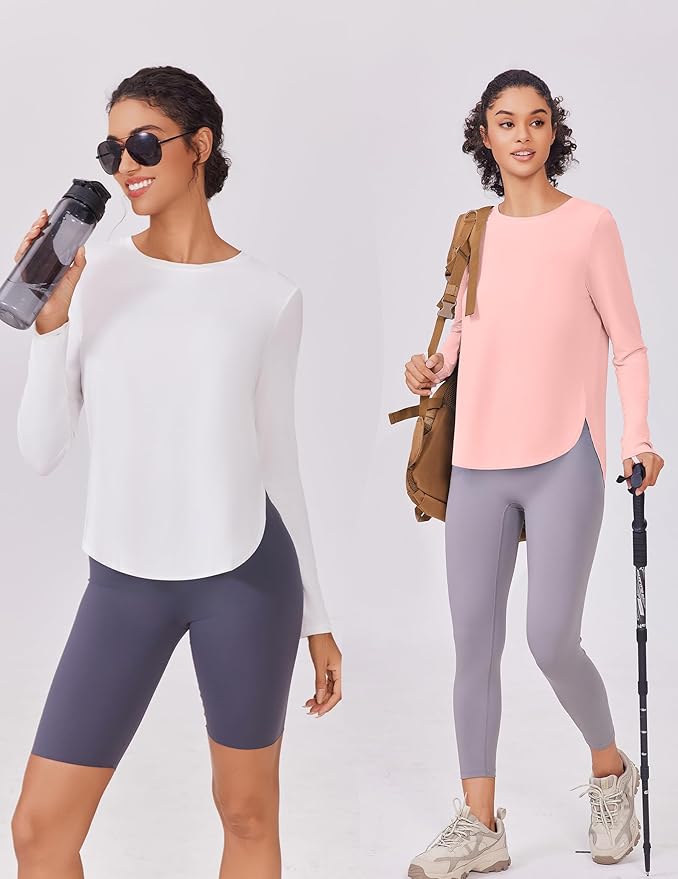 PINSPARK 2 Pack Long Sleeve Workout Tops for Women UV Protection Soft Workout Tops Lightweight Athletic Running Hiking Shirt
