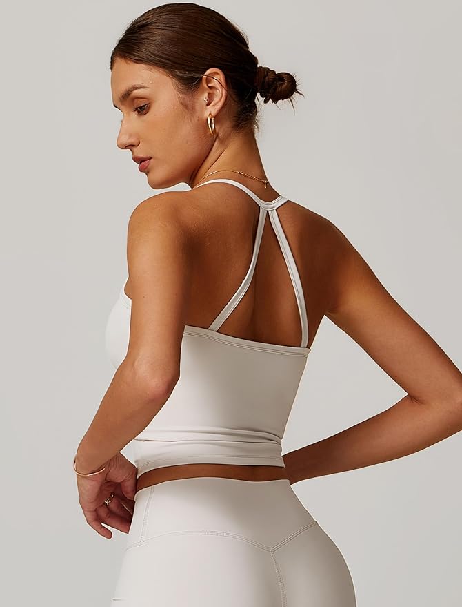 QBGJTD Womens Longline Sports Bras Cross Back Active Gym Yoga Padded Workout Crop Tank Top with Built in Bra