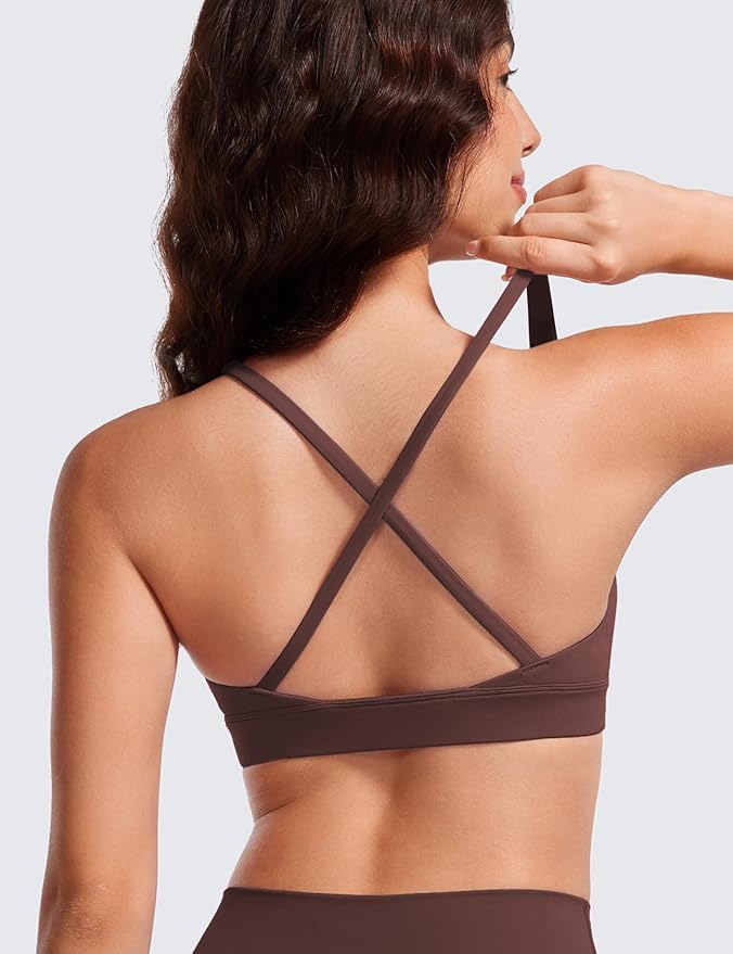 CRZ YOGA Butterluxe Deep V-Neck Sports Bras for Women - Spaghetti Strap Criss Cross Padded Top Low Coverage Wireless Yoga
