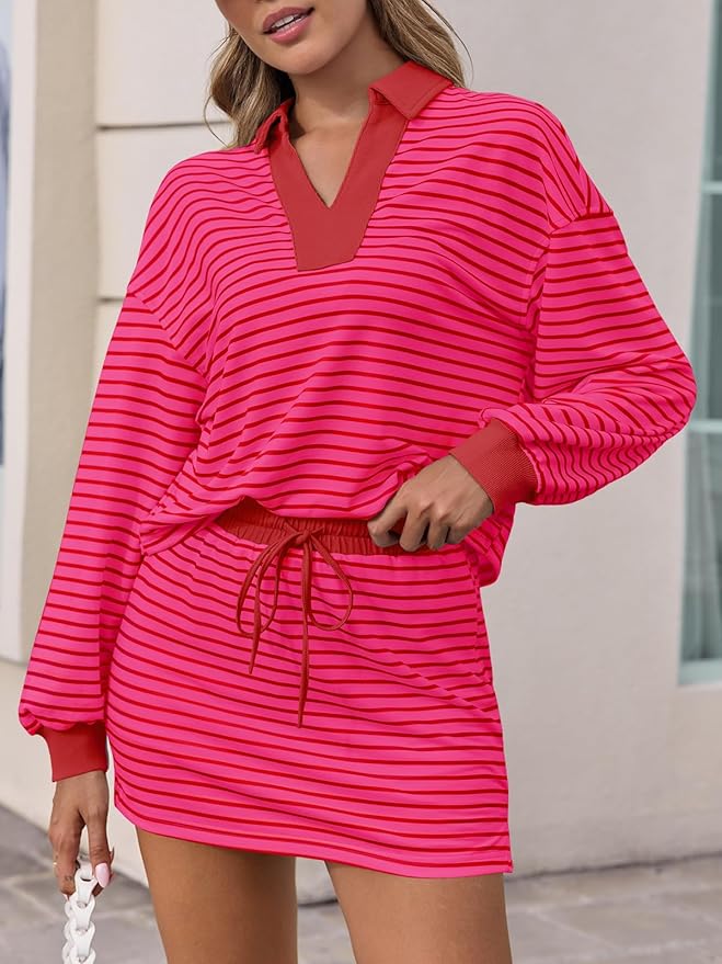 Fisoew Womens Striped 2 Piece Outfits Casual Sweatshirt Skirt Set Long Sleeve Skort Workout Set Matching Lounge Sets