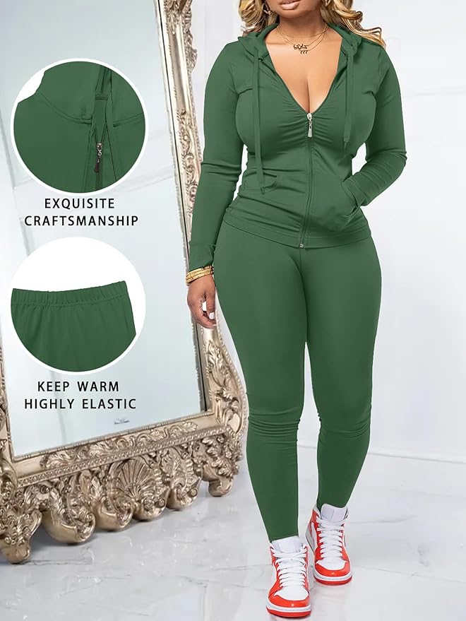 Women Two Piece Outfits Workout Sets Bodycon Legging Jacket Tracksuit Zip Up Hoodie Jogger Matching Sweat Pants Set