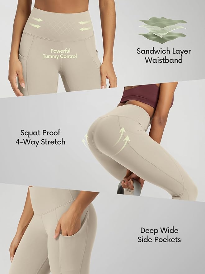 ODODOS Women's High Waisted Yoga Capris with Pockets, Tummy Control Non See Through Workout Athletic Running Capri Leggings